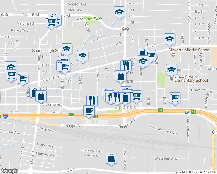 map of restaurants, bars, coffee shops, grocery stores, and more near 402 10th Street in Sparks