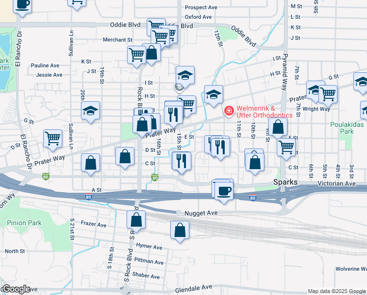 map of restaurants, bars, coffee shops, grocery stores, and more near 410 15th Street in Sparks