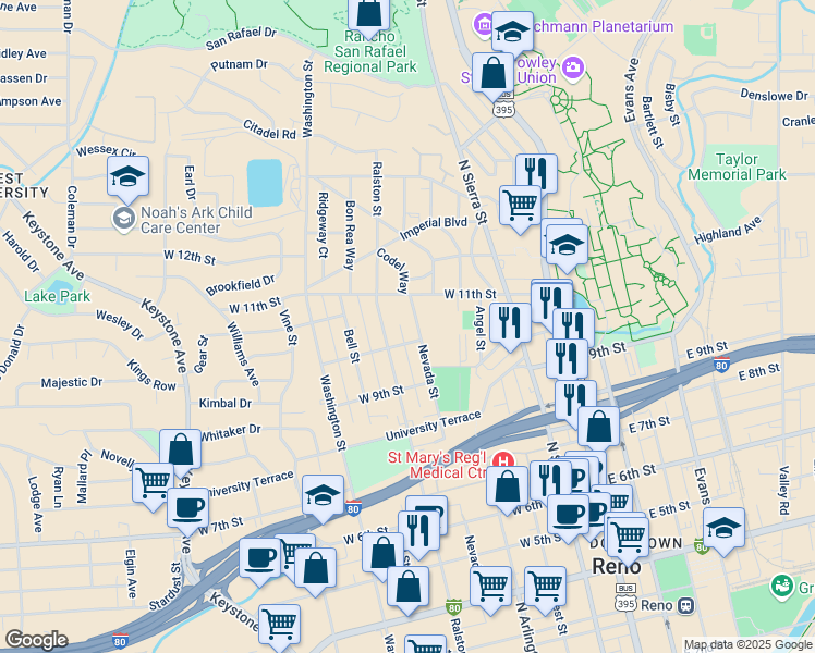 map of restaurants, bars, coffee shops, grocery stores, and more near 1022 Ralston Street in Reno