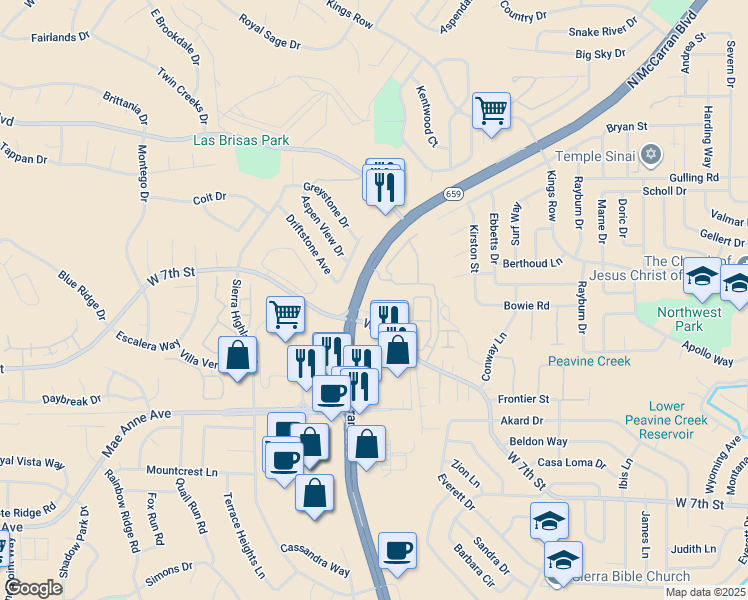 map of restaurants, bars, coffee shops, grocery stores, and more near 4995 West 7th Street in Reno