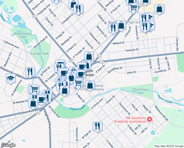 map of restaurants, bars, coffee shops, grocery stores, and more near 332 East East Street in Washington Court House