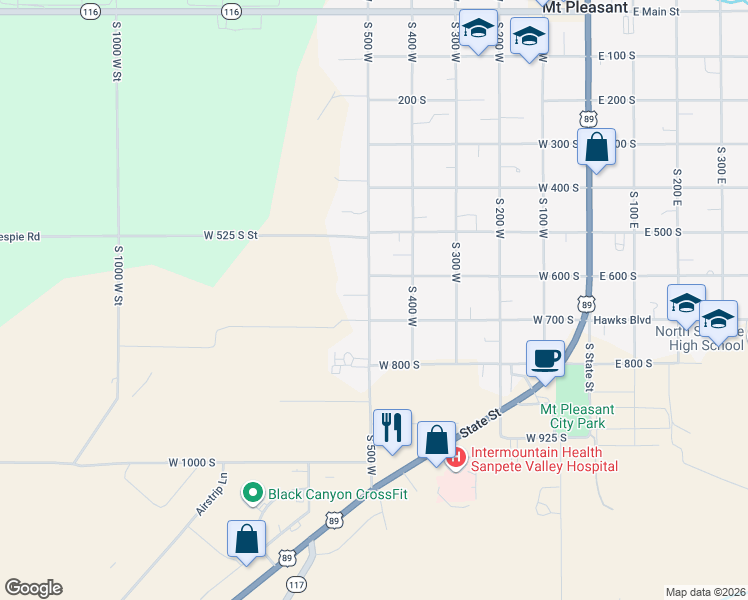 map of restaurants, bars, coffee shops, grocery stores, and more near 660 South 500 West in Mount Pleasant
