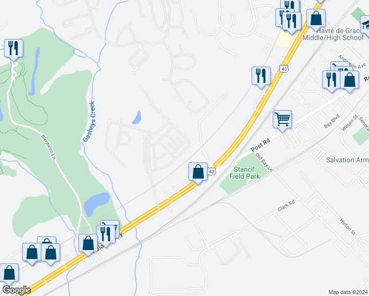 map of restaurants, bars, coffee shops, grocery stores, and more near 1650 Mohegan Drive in Havre de Grace