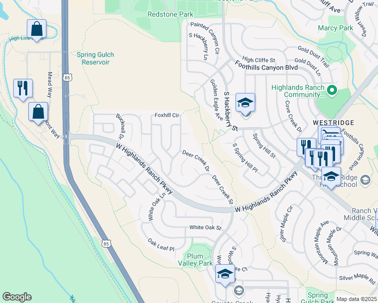 map of restaurants, bars, coffee shops, grocery stores, and more near 3181 Deer Creek Drive in Littleton