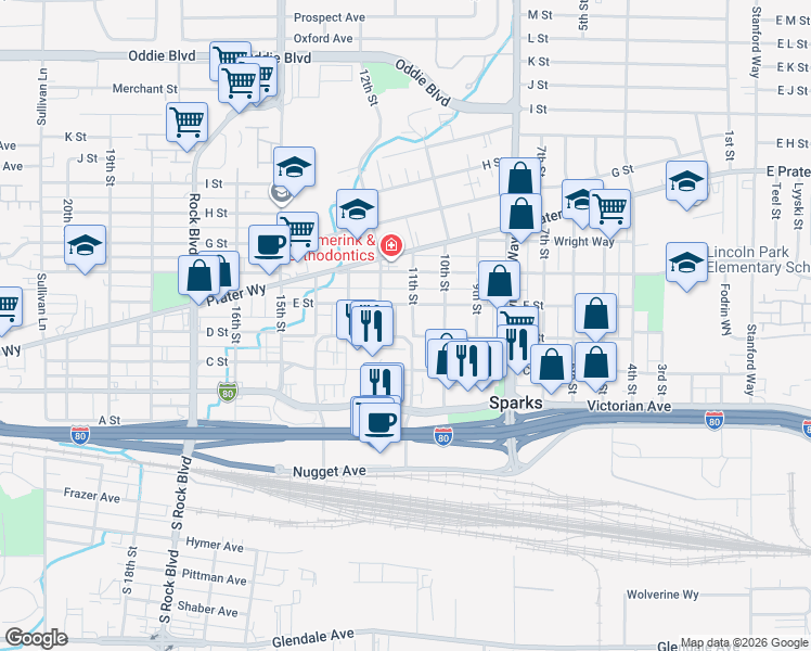 map of restaurants, bars, coffee shops, grocery stores, and more near 401 11th Street in Sparks