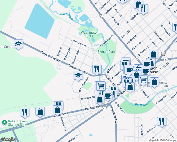 map of restaurants, bars, coffee shops, grocery stores, and more near 702 Dayton Avenue Northwest in Washington Court House