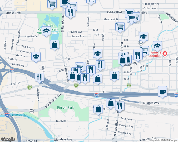 map of restaurants, bars, coffee shops, grocery stores, and more near 2128 Prater Way in Sparks