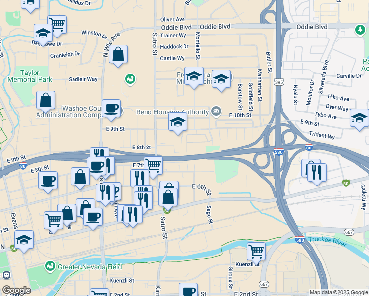 map of restaurants, bars, coffee shops, grocery stores, and more near 1436 East 9th Street in Reno