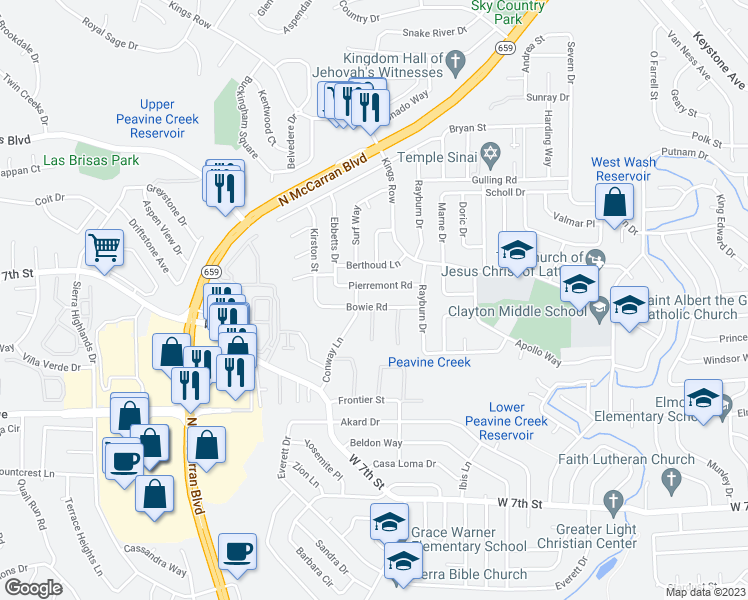 map of restaurants, bars, coffee shops, grocery stores, and more near 3375 Bowie Road in Reno