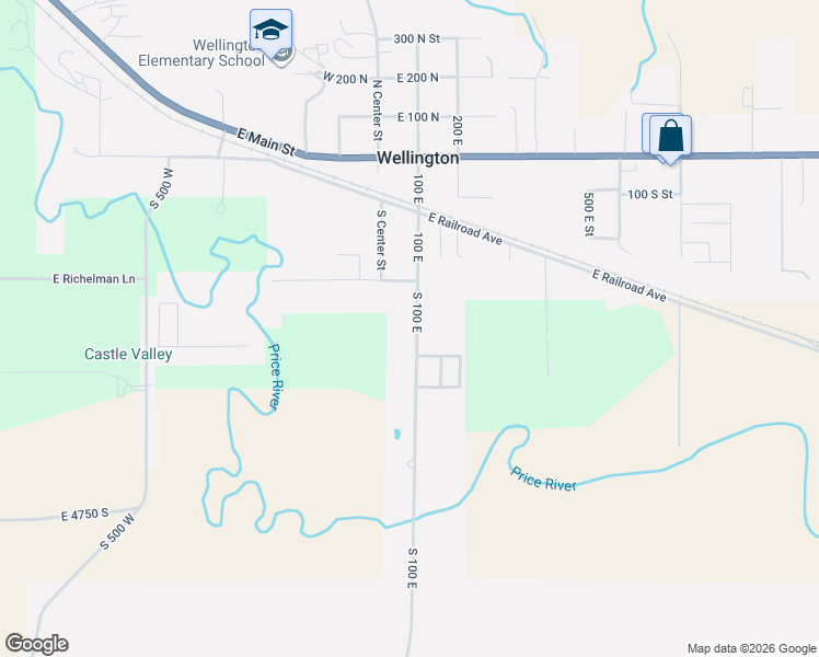 map of restaurants, bars, coffee shops, grocery stores, and more near 418 South 100 East in Wellington