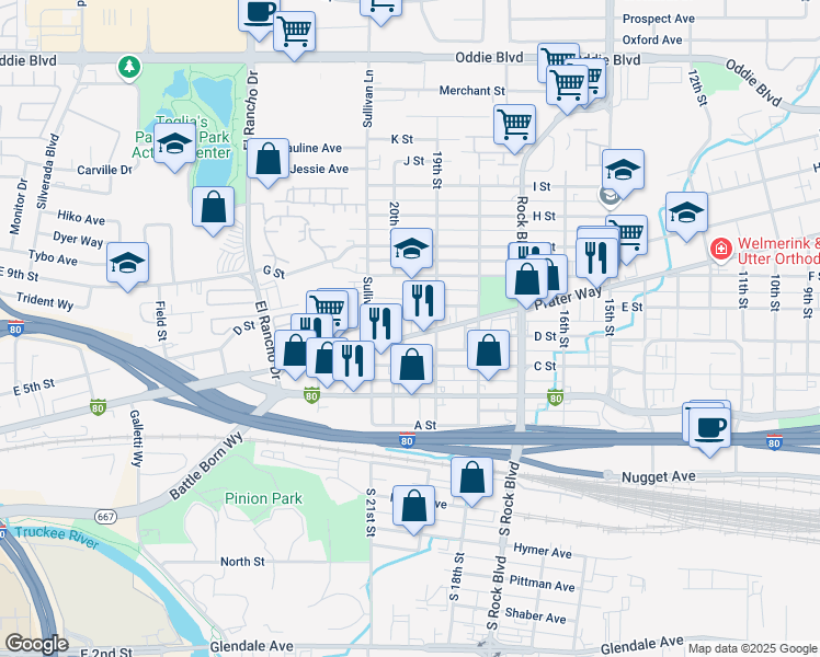 map of restaurants, bars, coffee shops, grocery stores, and more near in Sparks