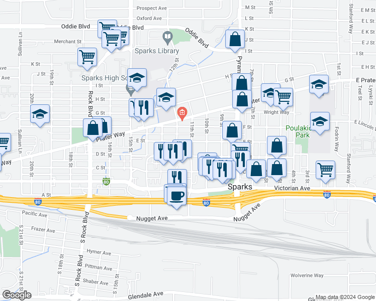 map of restaurants, bars, coffee shops, grocery stores, and more near 413 11th Street in Sparks