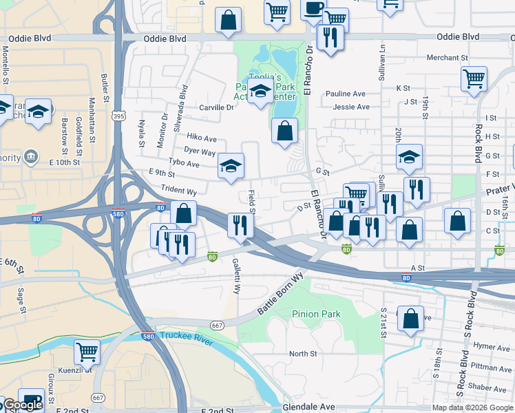 map of restaurants, bars, coffee shops, grocery stores, and more near 416a Field Street in Sparks