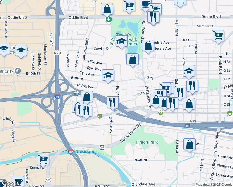 map of restaurants, bars, coffee shops, grocery stores, and more near 416a Field Street in Sparks