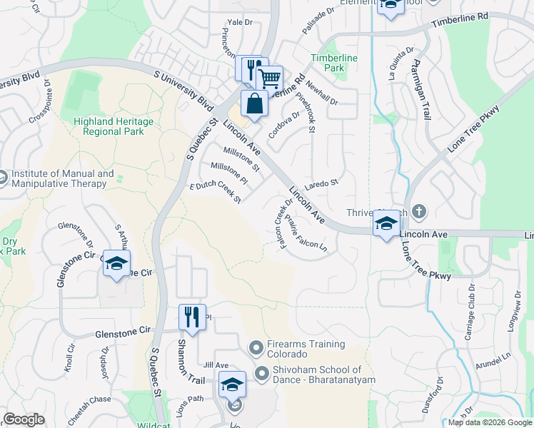 map of restaurants, bars, coffee shops, grocery stores, and more near 6722 East Eagle Place in Highlands Ranch