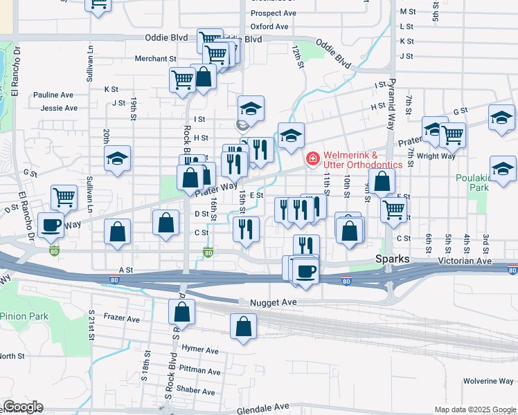 map of restaurants, bars, coffee shops, grocery stores, and more near 410 15th Street in Sparks