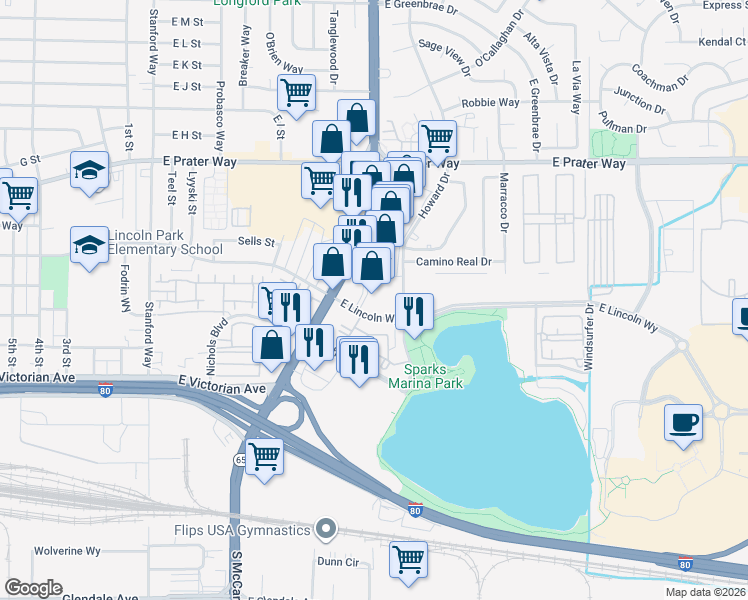 map of restaurants, bars, coffee shops, grocery stores, and more near 790 East Lincoln Way in Sparks