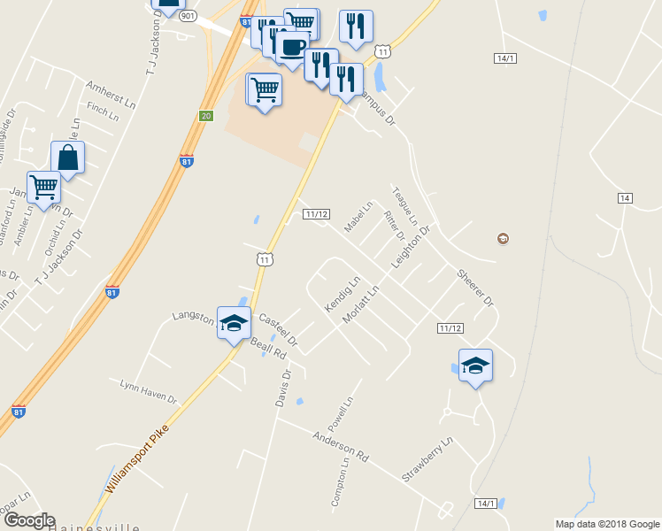 map of restaurants, bars, coffee shops, grocery stores, and more near 313 Bashore Drive in Martinsburg