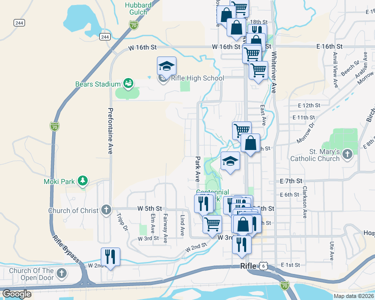 map of restaurants, bars, coffee shops, grocery stores, and more near 820 Stillwell Avenue in Rifle