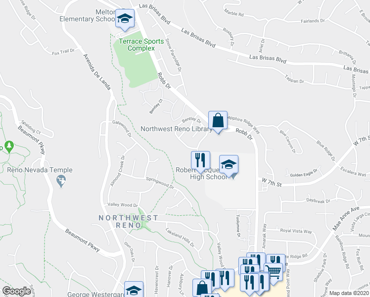 map of restaurants, bars, coffee shops, grocery stores, and more near 2341 Crestone Drive in Reno