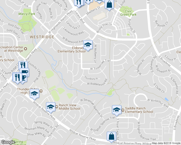 map of restaurants, bars, coffee shops, grocery stores, and more near 1165 Riddlewood Lane in Littleton