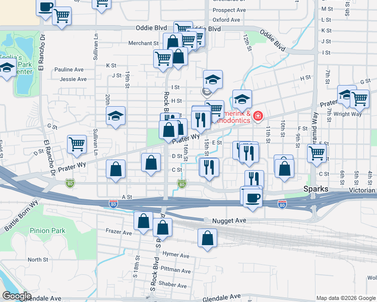 map of restaurants, bars, coffee shops, grocery stores, and more near 420 16th Street in Sparks