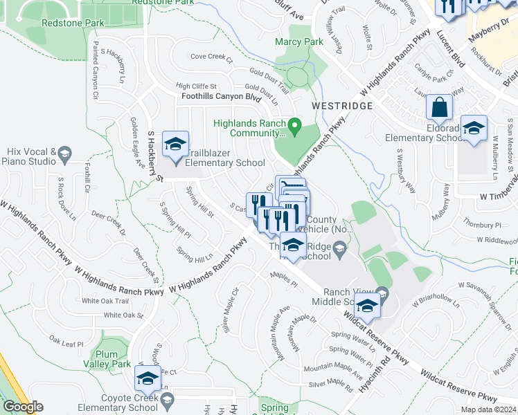 map of restaurants, bars, coffee shops, grocery stores, and more near 9708 South Castle Ridge Circle in Littleton