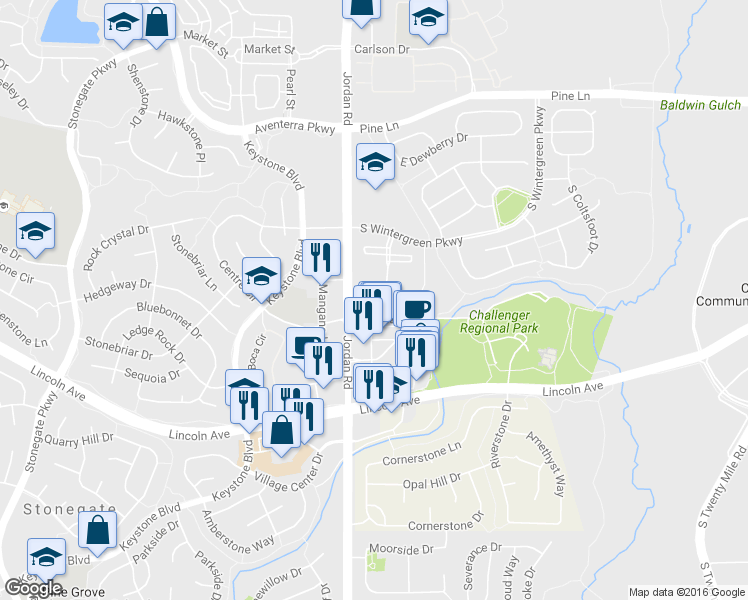 map of restaurants, bars, coffee shops, grocery stores, and more near 9653 Deer Horn Court in Parker