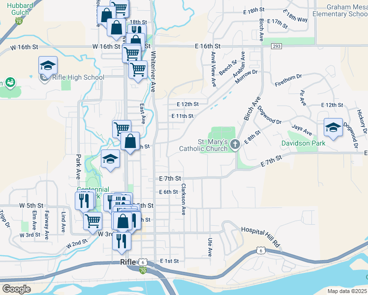 map of restaurants, bars, coffee shops, grocery stores, and more near 491 Harmony Drive in Rifle