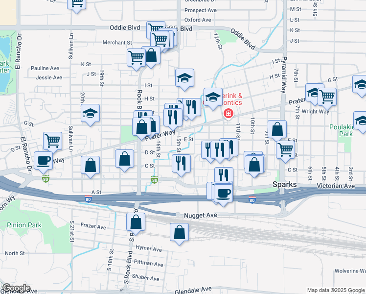 map of restaurants, bars, coffee shops, grocery stores, and more near 410 15th Street in Sparks