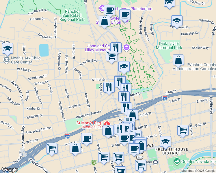 map of restaurants, bars, coffee shops, grocery stores, and more near 1015 North Sierra Street in Reno