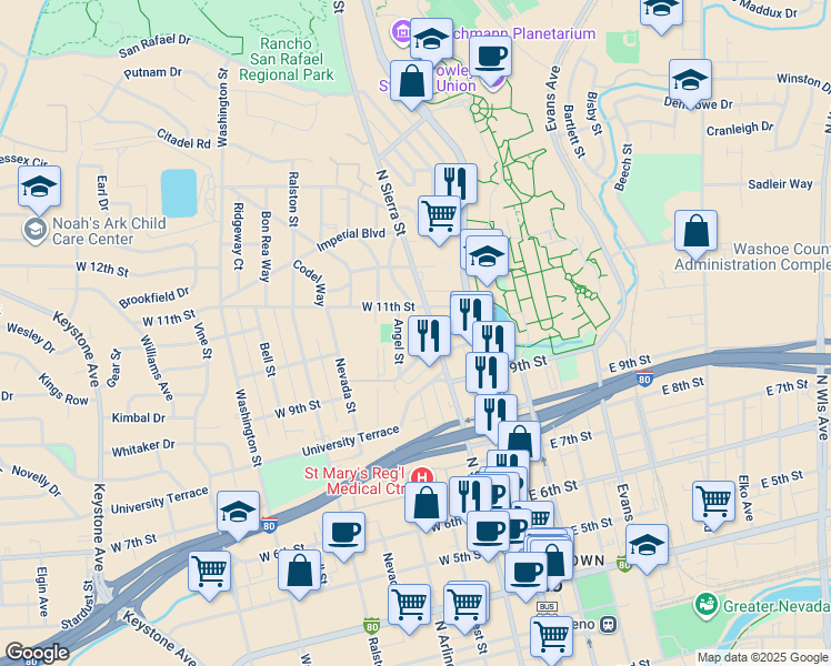 map of restaurants, bars, coffee shops, grocery stores, and more near 1015 North Sierra Street in Reno