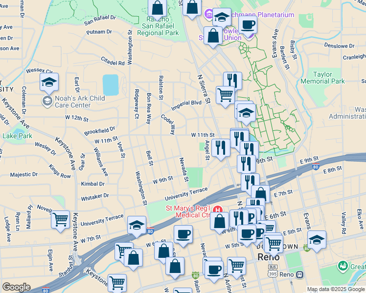 map of restaurants, bars, coffee shops, grocery stores, and more near 1050 Nevada Street in Reno