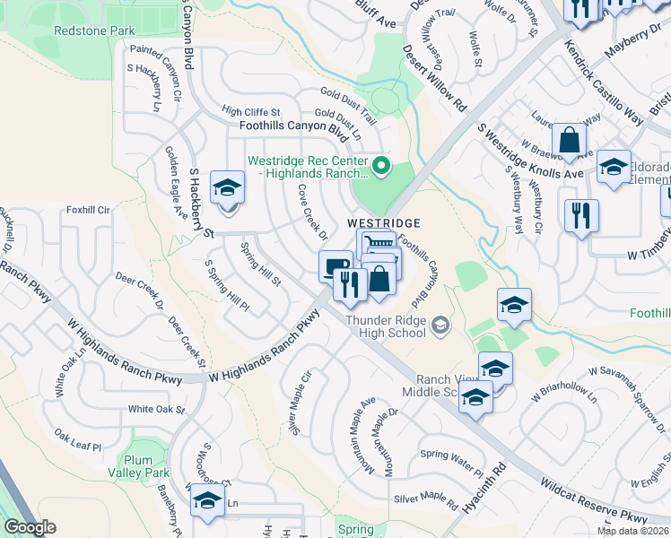map of restaurants, bars, coffee shops, grocery stores, and more near 9872 West Castle Ridge Court in Littleton