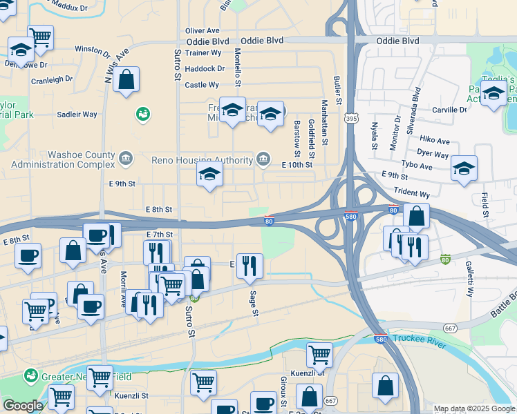map of restaurants, bars, coffee shops, grocery stores, and more near Sage Street in Reno