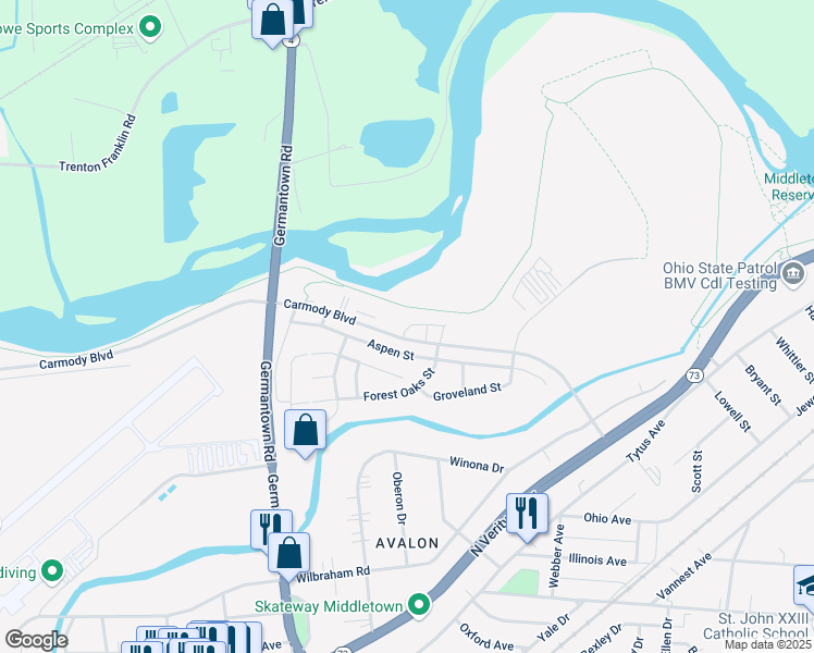 map of restaurants, bars, coffee shops, grocery stores, and more near 2605 Carmody Boulevard in Middletown