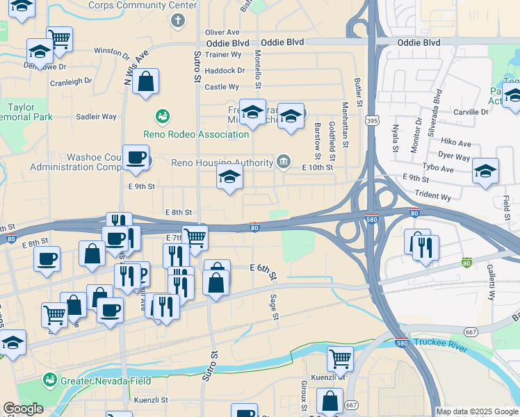 map of restaurants, bars, coffee shops, grocery stores, and more near 1422 East 9th Street in Reno