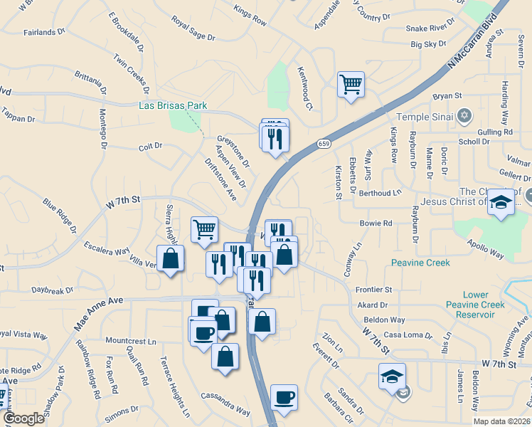 map of restaurants, bars, coffee shops, grocery stores, and more near 4985 West Seventh Street in Reno