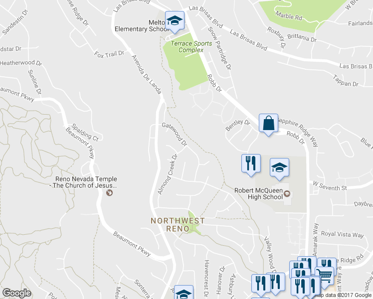 map of restaurants, bars, coffee shops, grocery stores, and more near 2325 Gatewood Drive in Reno