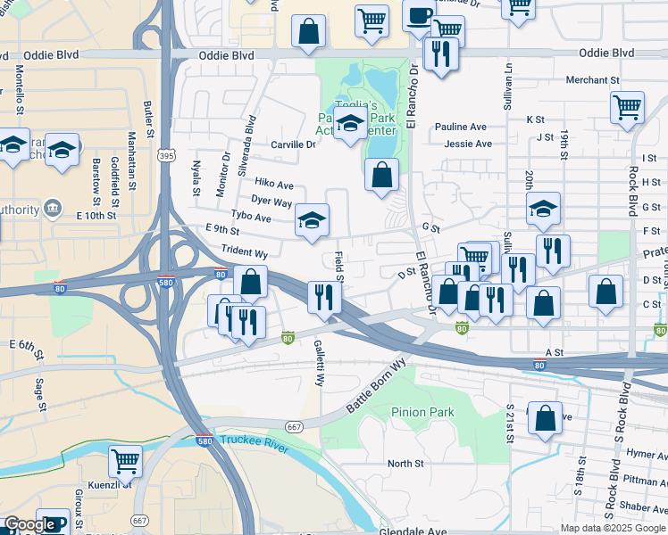 map of restaurants, bars, coffee shops, grocery stores, and more near 416a Field Street in Sparks