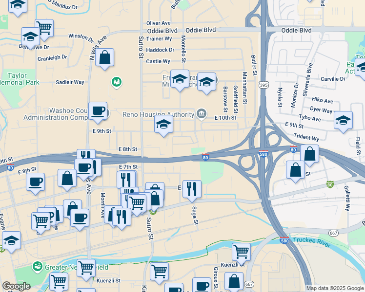 map of restaurants, bars, coffee shops, grocery stores, and more near 1422 East 9th Street in Reno