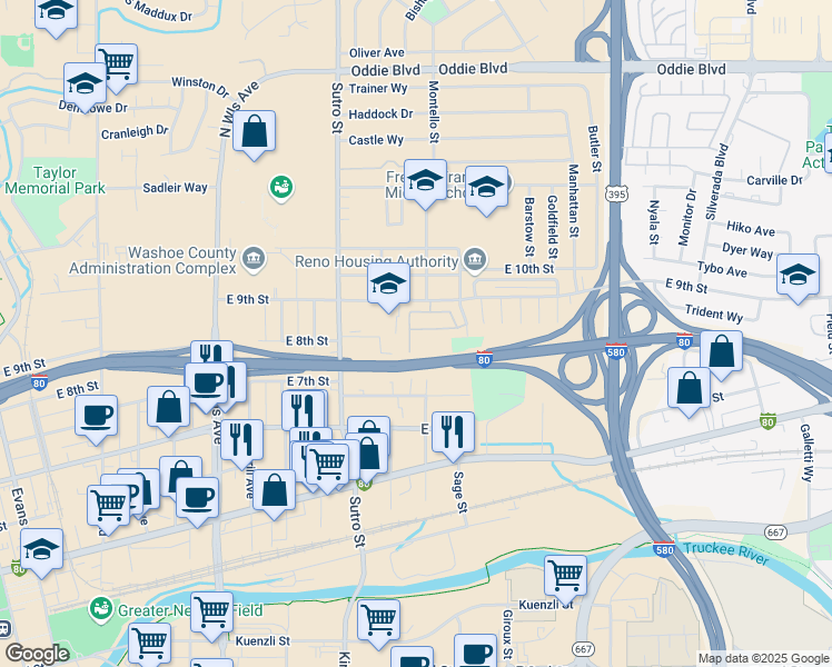 map of restaurants, bars, coffee shops, grocery stores, and more near 1436 East 9th Street in Reno