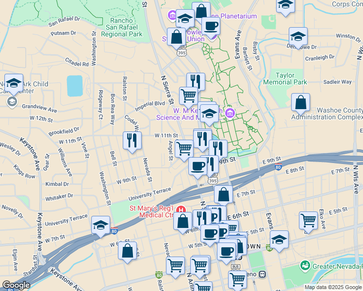 map of restaurants, bars, coffee shops, grocery stores, and more near 1015 North Sierra Street in Reno