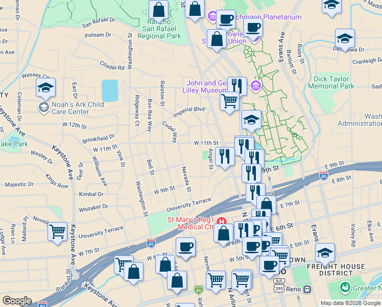 map of restaurants, bars, coffee shops, grocery stores, and more near 1050 Nevada Street in Reno