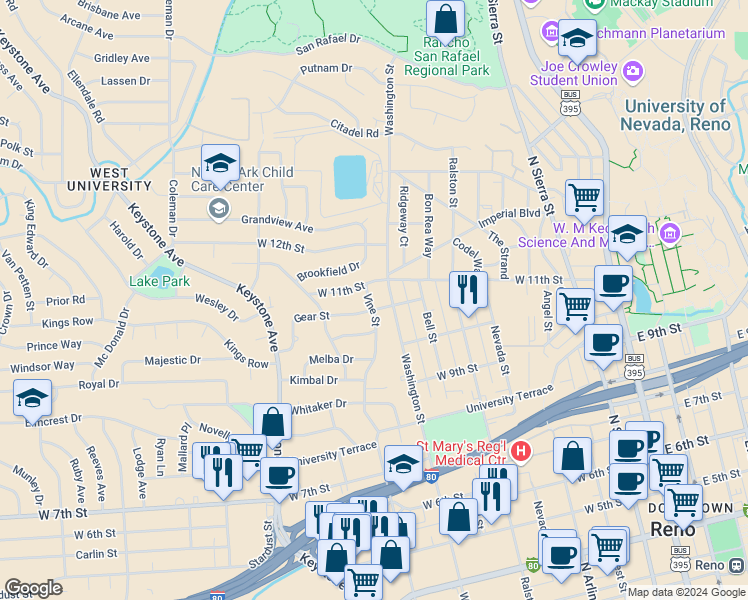 map of restaurants, bars, coffee shops, grocery stores, and more near 804 Gear Street in Reno