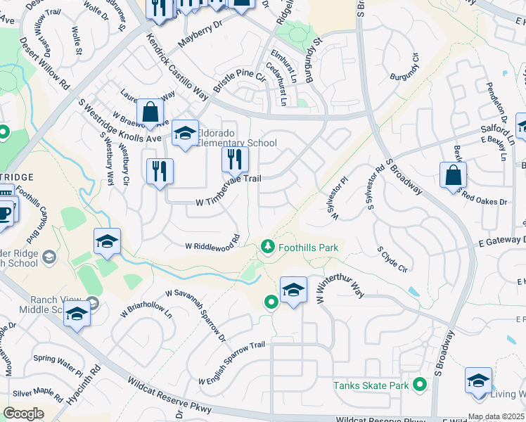 map of restaurants, bars, coffee shops, grocery stores, and more near 9869 Burberry Way in Littleton