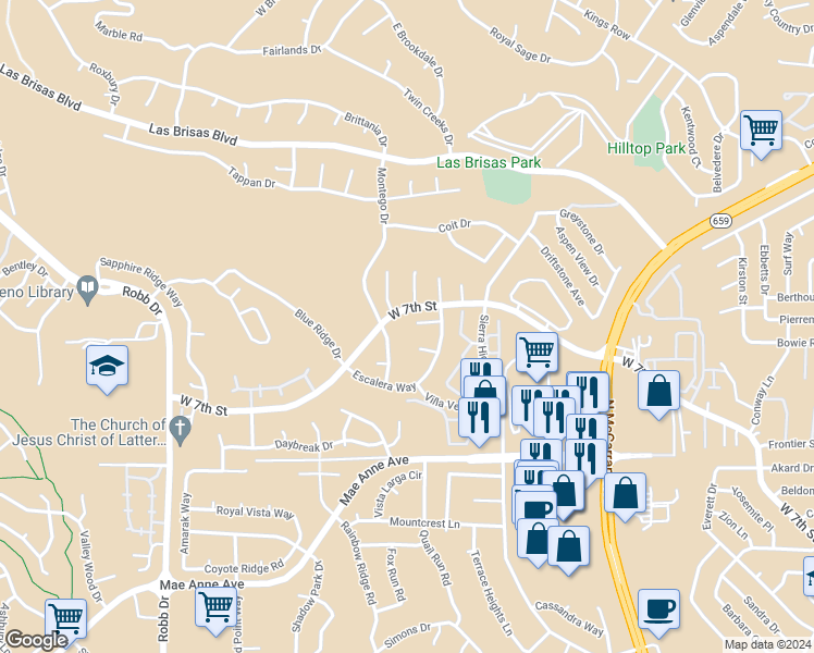 map of restaurants, bars, coffee shops, grocery stores, and more near 5360 Seville Court in Reno
