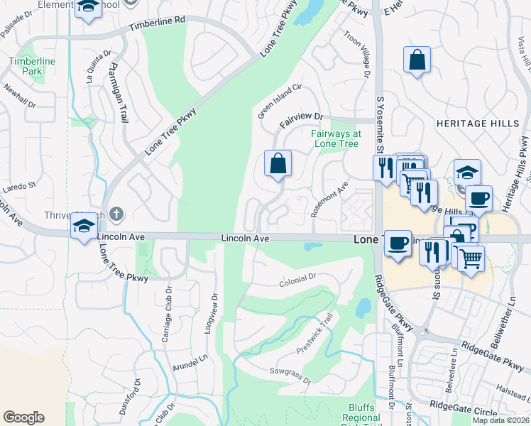 map of restaurants, bars, coffee shops, grocery stores, and more near 9866 Firestone Circle in Lone Tree