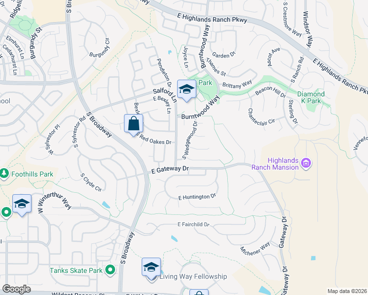 map of restaurants, bars, coffee shops, grocery stores, and more near 9865 South Wedgewood Drive in Littleton