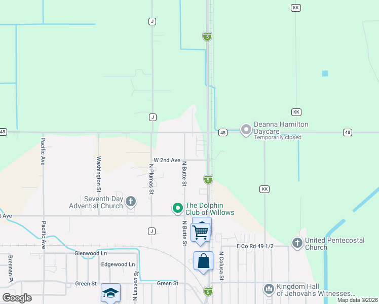 map of restaurants, bars, coffee shops, grocery stores, and more near 1020 North Butte Street in Willows